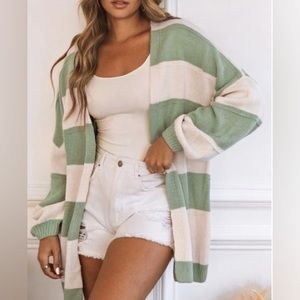 NWOT Green & white striped oversized cardigan